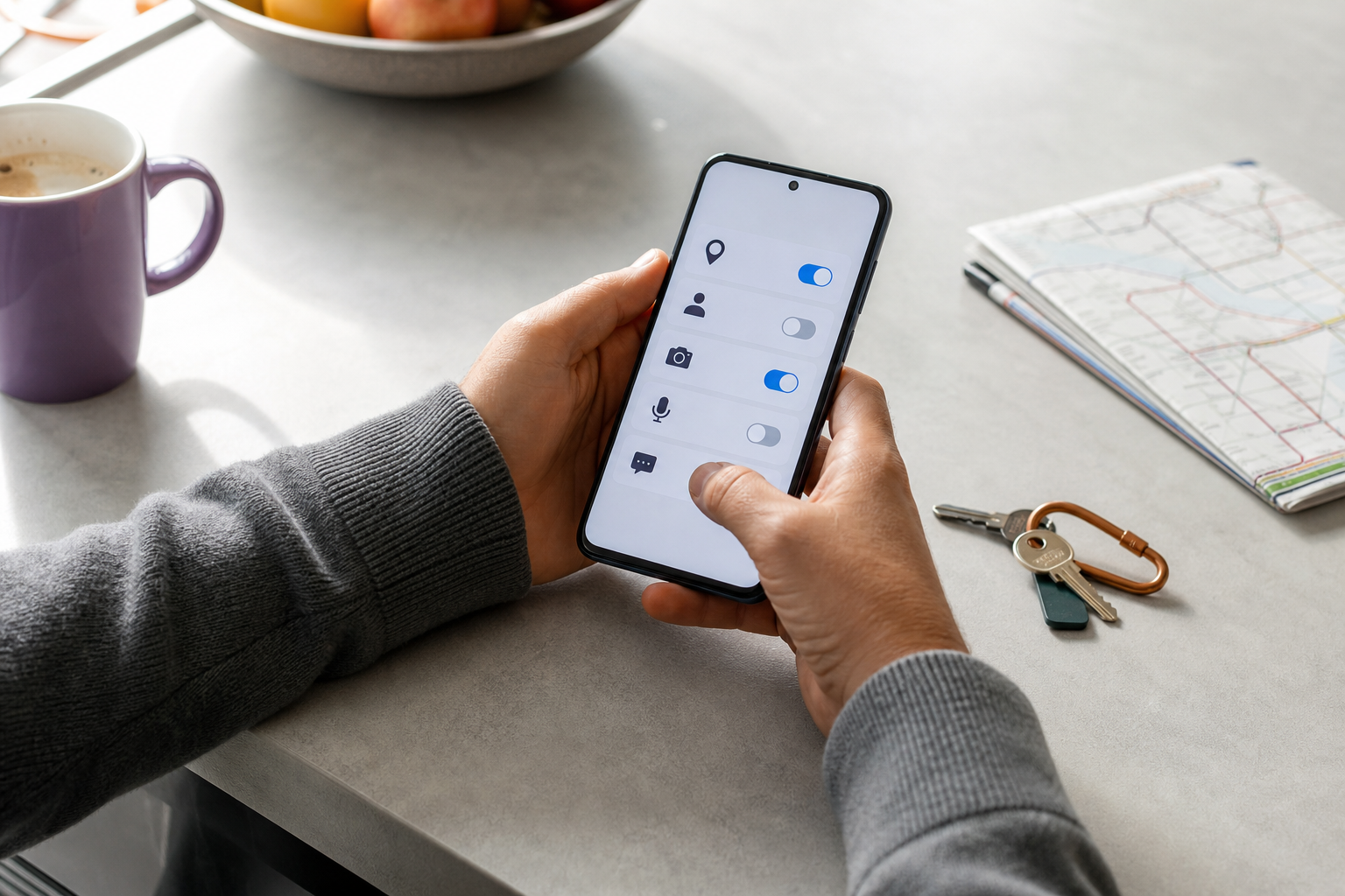 Handen houden een smartphone vast met eenvoudige schakelaars voor appmachtigingen