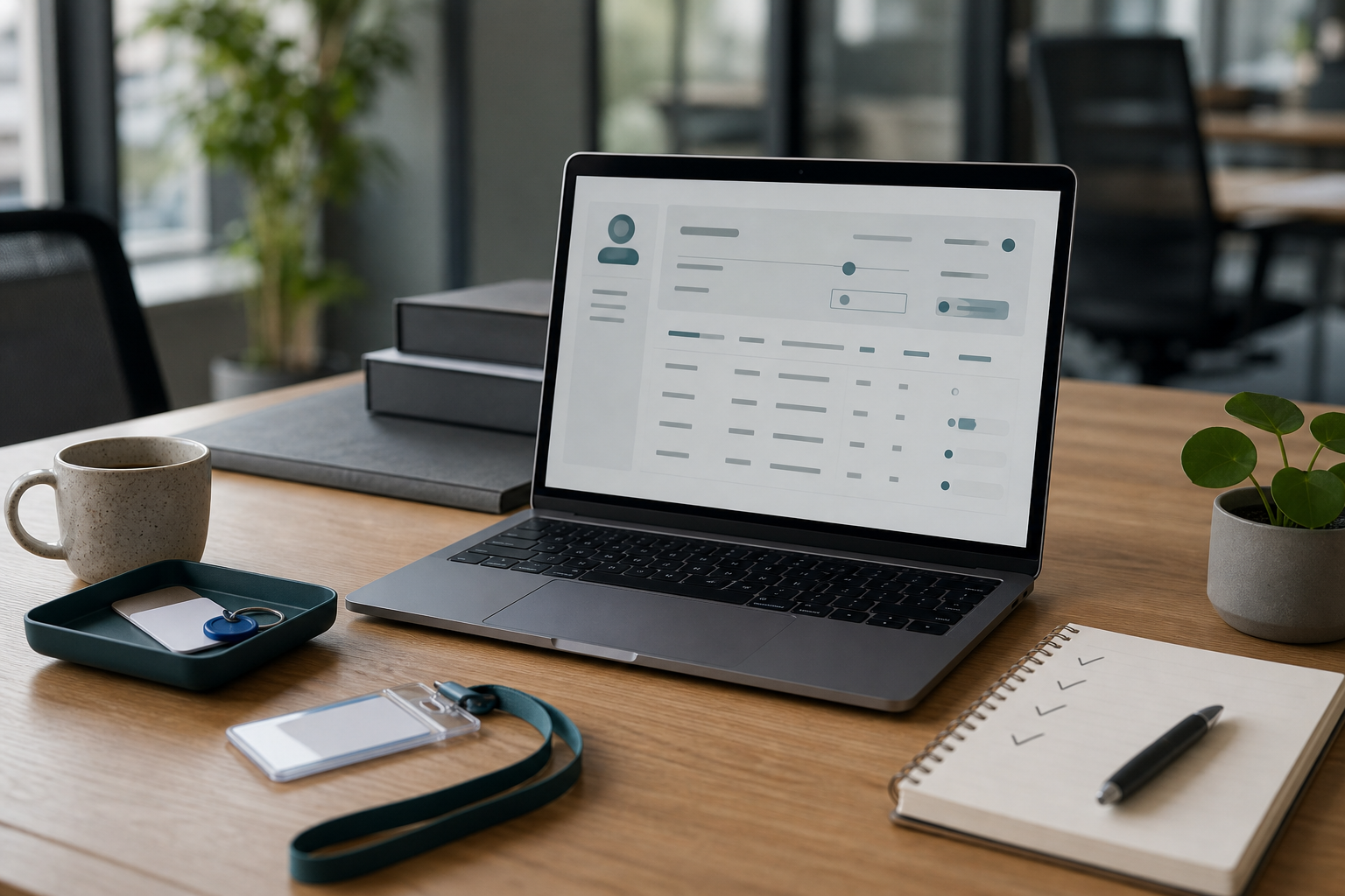 Laptop met een overdrachtslijst en losse toegangskaarten op een lichte werktafel