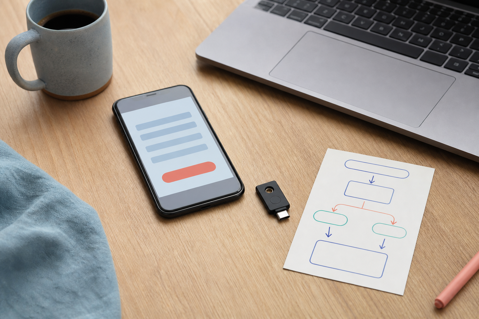 Smartphone naast een laptop en een notitiekaart met een rustige herstelchecklist